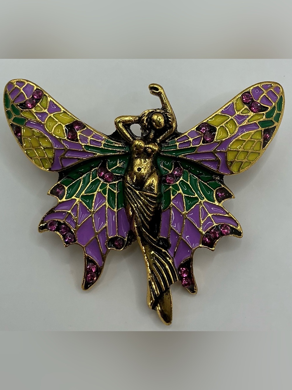 GOLD TONE MULTI COLOR WING FAIRY BROOCH IN PURPLE YELLOW AND GREEN NWOT